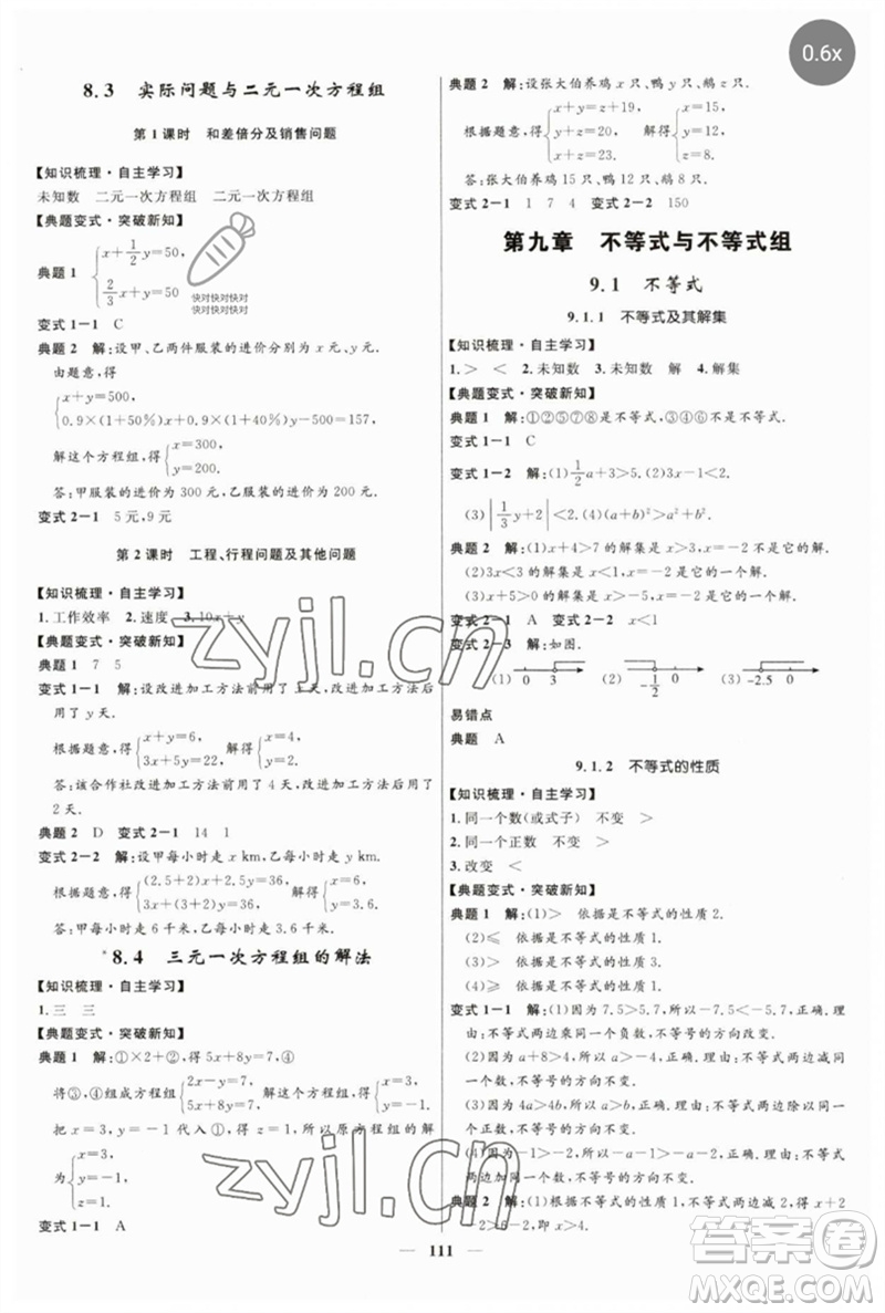 河北少年兒童出版社2023奪冠百分百新導(dǎo)學(xué)課時(shí)練七年級(jí)數(shù)學(xué)下冊(cè)人教版參考答案