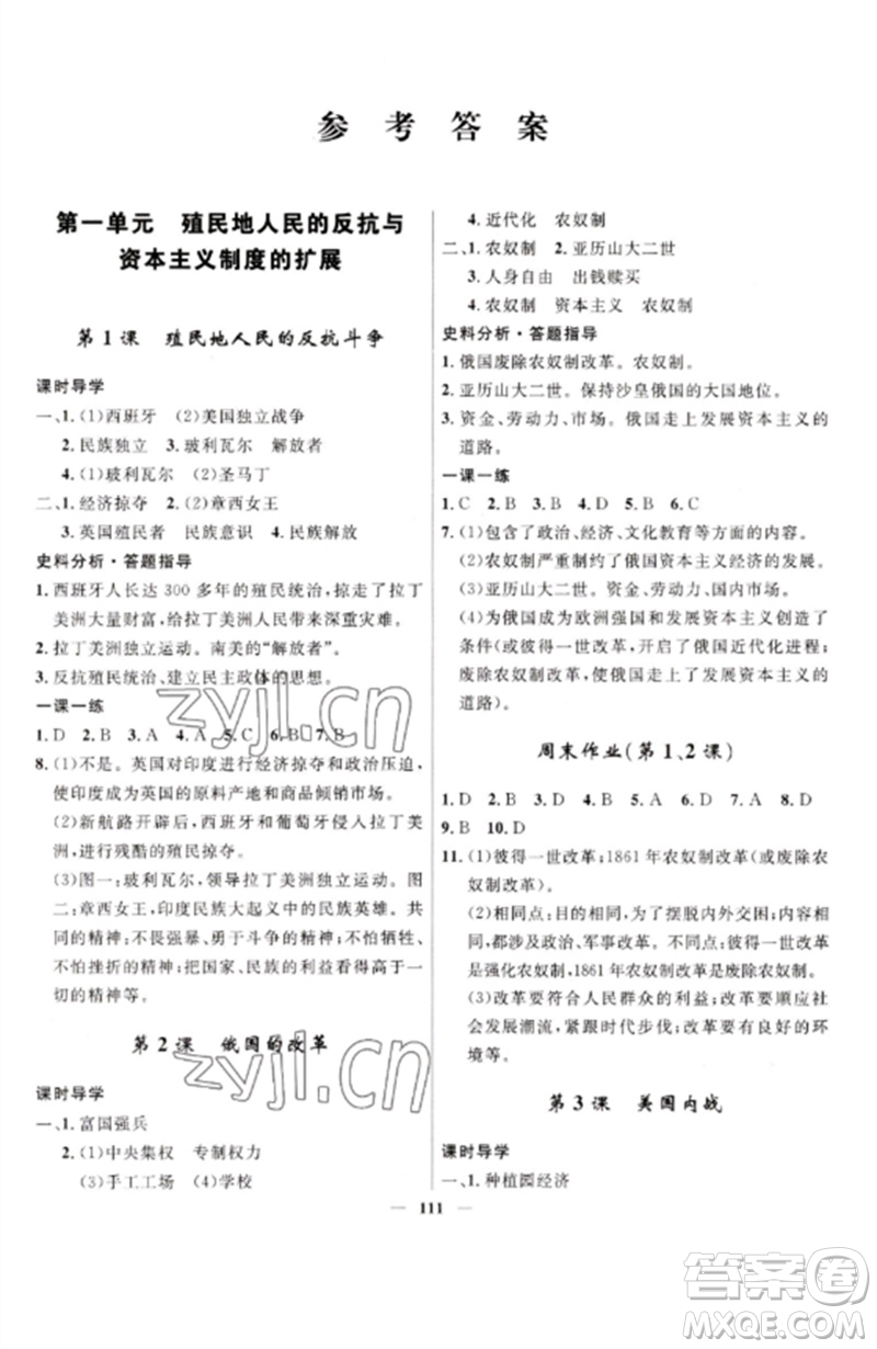 河北少年兒童出版社2023奪冠百分百新導(dǎo)學(xué)課時練九年級歷史下冊人教版參考答案