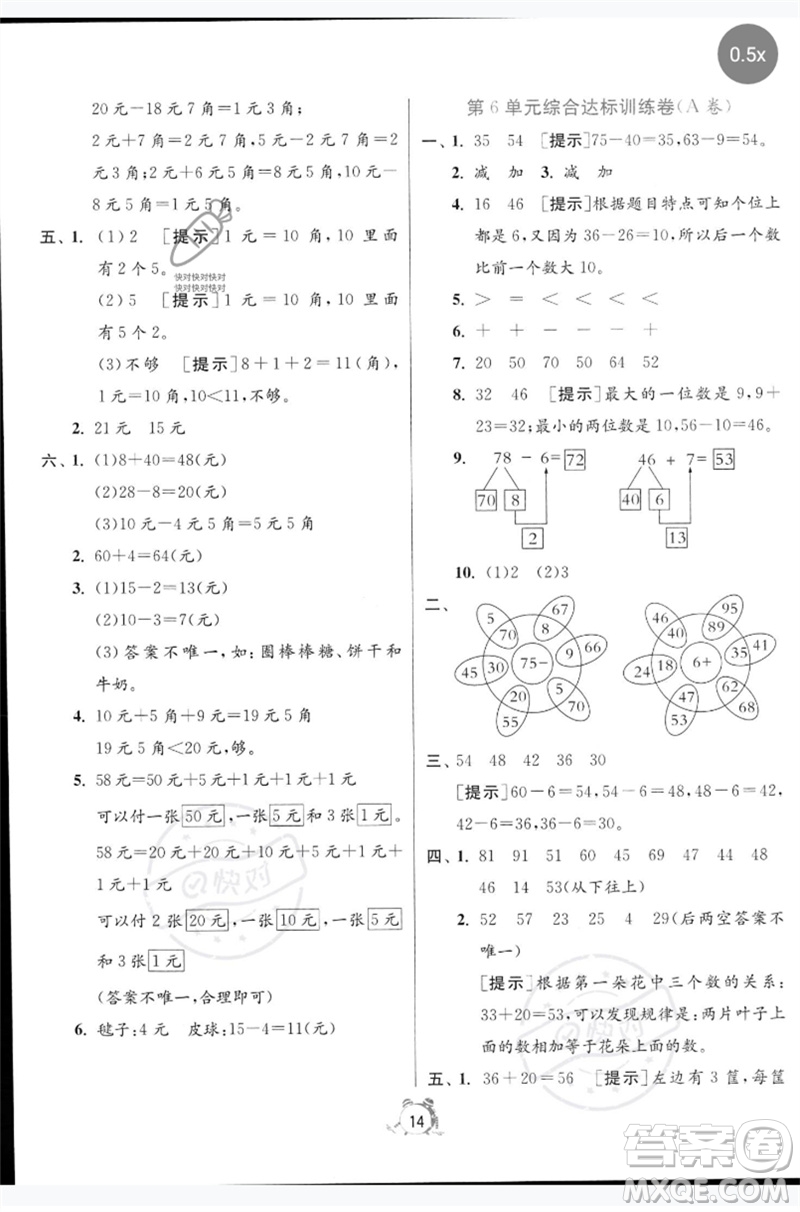 江蘇人民出版社2023春單元雙測全優(yōu)測評卷一年級數(shù)學(xué)下冊人教版參考答案