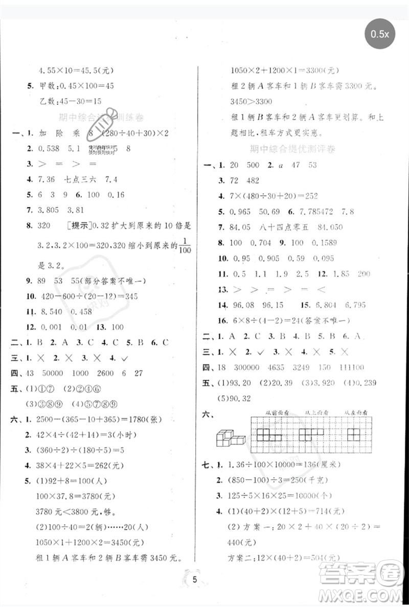 江蘇人民出版社2023春?jiǎn)卧p測(cè)全優(yōu)測(cè)評(píng)卷四年級(jí)數(shù)學(xué)下冊(cè)人教版參考答案