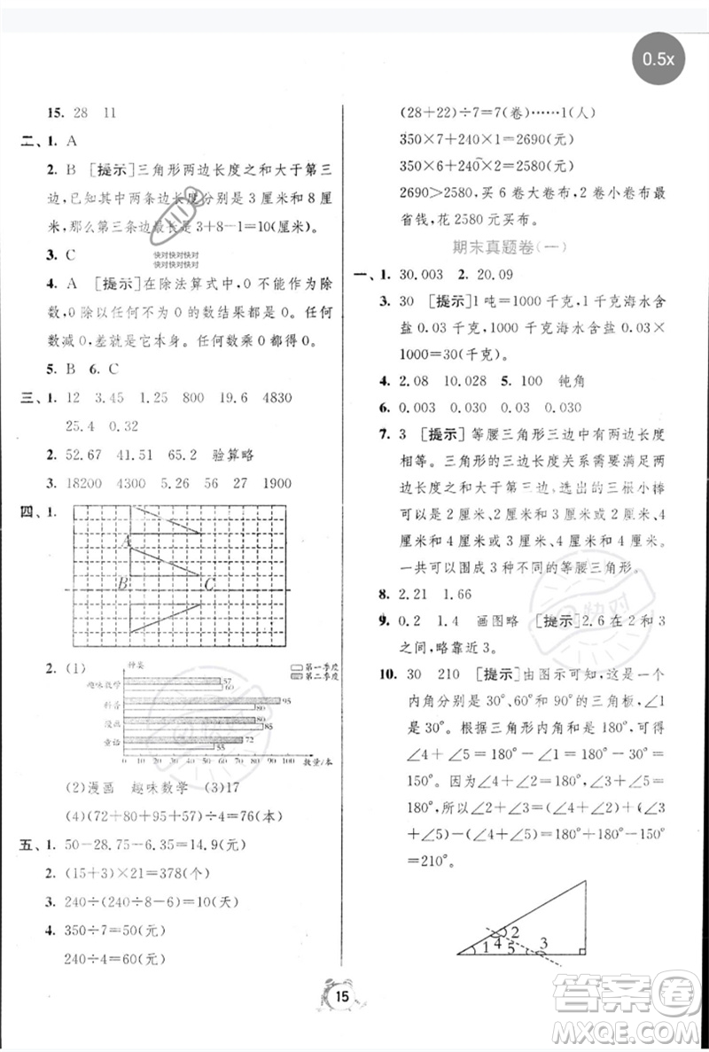 江蘇人民出版社2023春?jiǎn)卧p測(cè)全優(yōu)測(cè)評(píng)卷四年級(jí)數(shù)學(xué)下冊(cè)人教版參考答案