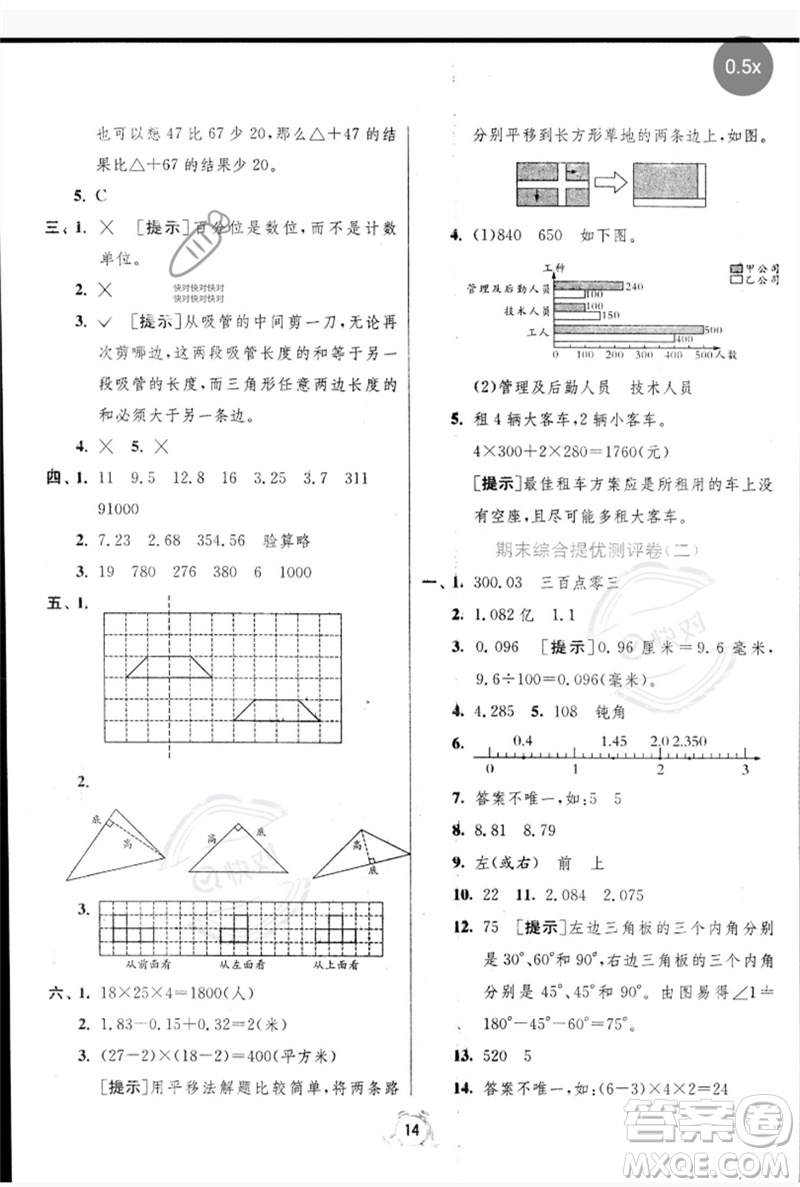 江蘇人民出版社2023春?jiǎn)卧p測(cè)全優(yōu)測(cè)評(píng)卷四年級(jí)數(shù)學(xué)下冊(cè)人教版參考答案