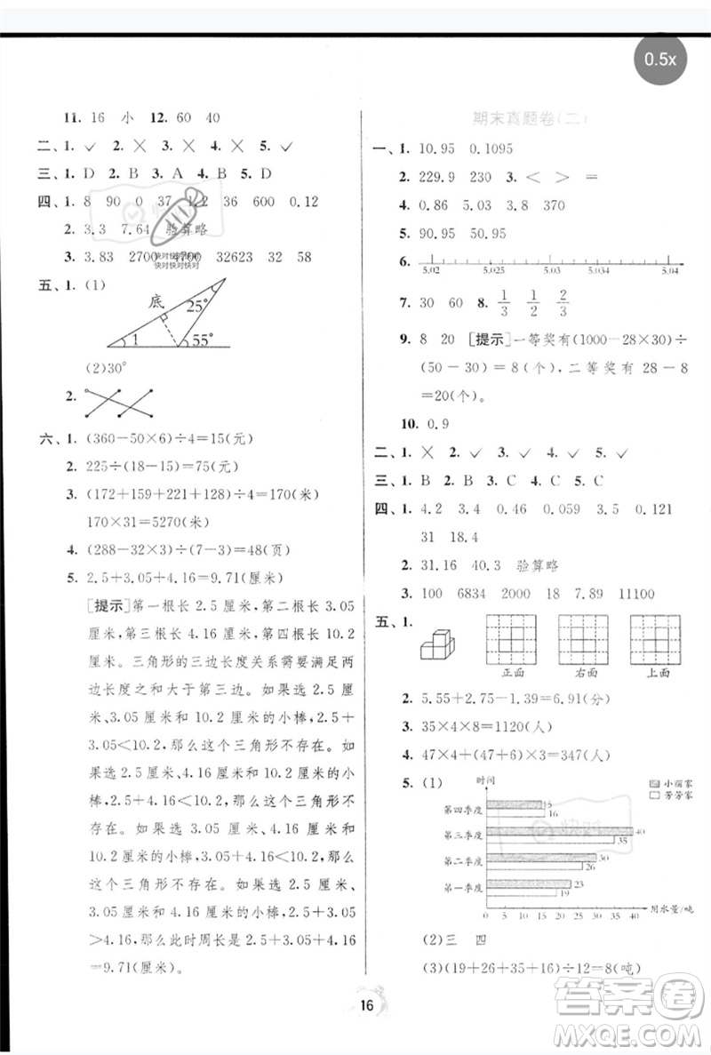 江蘇人民出版社2023春?jiǎn)卧p測(cè)全優(yōu)測(cè)評(píng)卷四年級(jí)數(shù)學(xué)下冊(cè)人教版參考答案