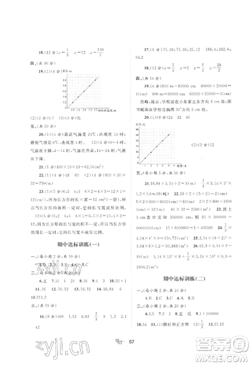 廣西師范大學出版社2023新課程學習與測評單元雙測六年級數(shù)學下冊北師大版D版參考答案