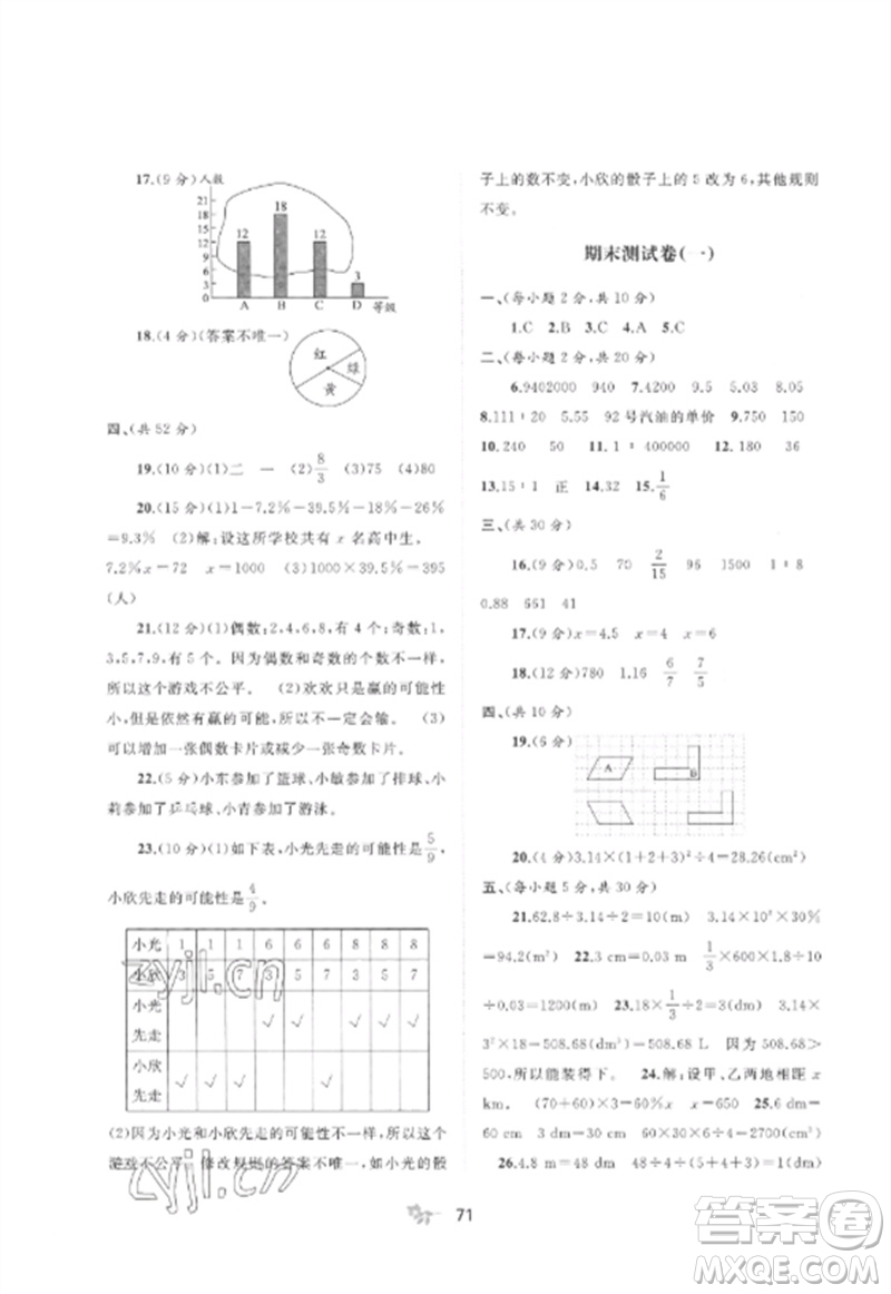 廣西師范大學出版社2023新課程學習與測評單元雙測六年級數(shù)學下冊北師大版D版參考答案