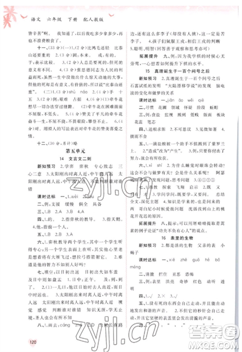 廣西師范大學(xué)出版社2023新課程學(xué)習(xí)與測(cè)評(píng)同步學(xué)習(xí)六年級(jí)語(yǔ)文下冊(cè)人教版參考答案