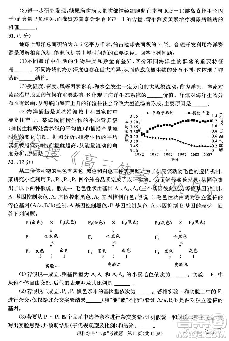 成都市2020級高中畢業(yè)班第二次診斷性檢測理科綜合試卷答案