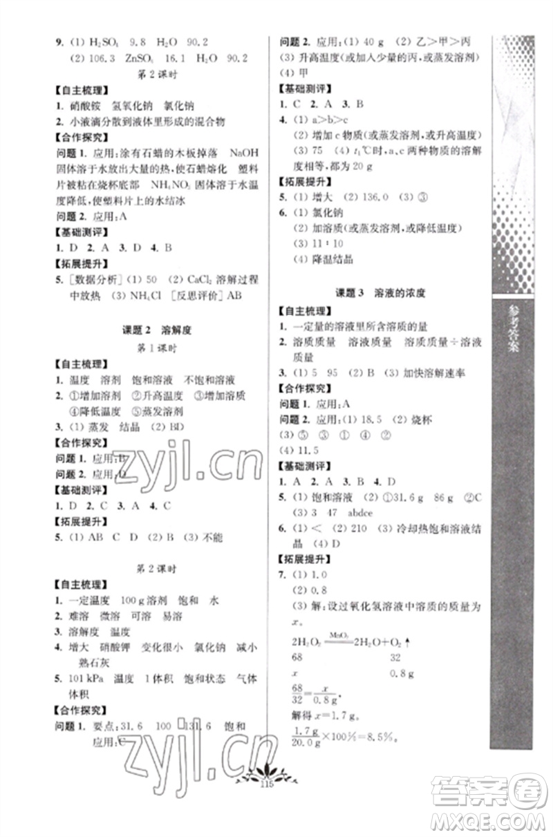 南京師范大學(xué)出版社2023新課程自主學(xué)習(xí)與測(cè)評(píng)九年級(jí)化學(xué)下冊(cè)人教版參考答案