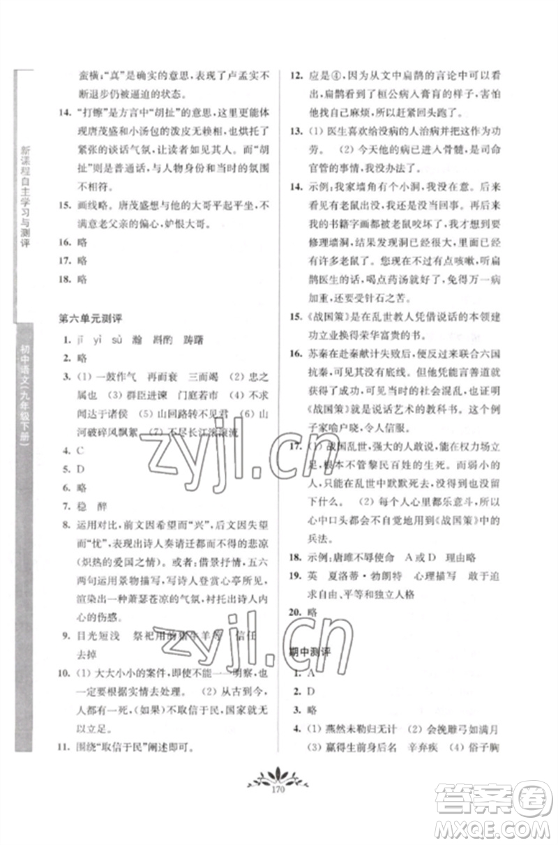 南京師范大學(xué)出版社2023新課程自主學(xué)習(xí)與測(cè)評(píng)九年級(jí)語(yǔ)文下冊(cè)人教版參考答案