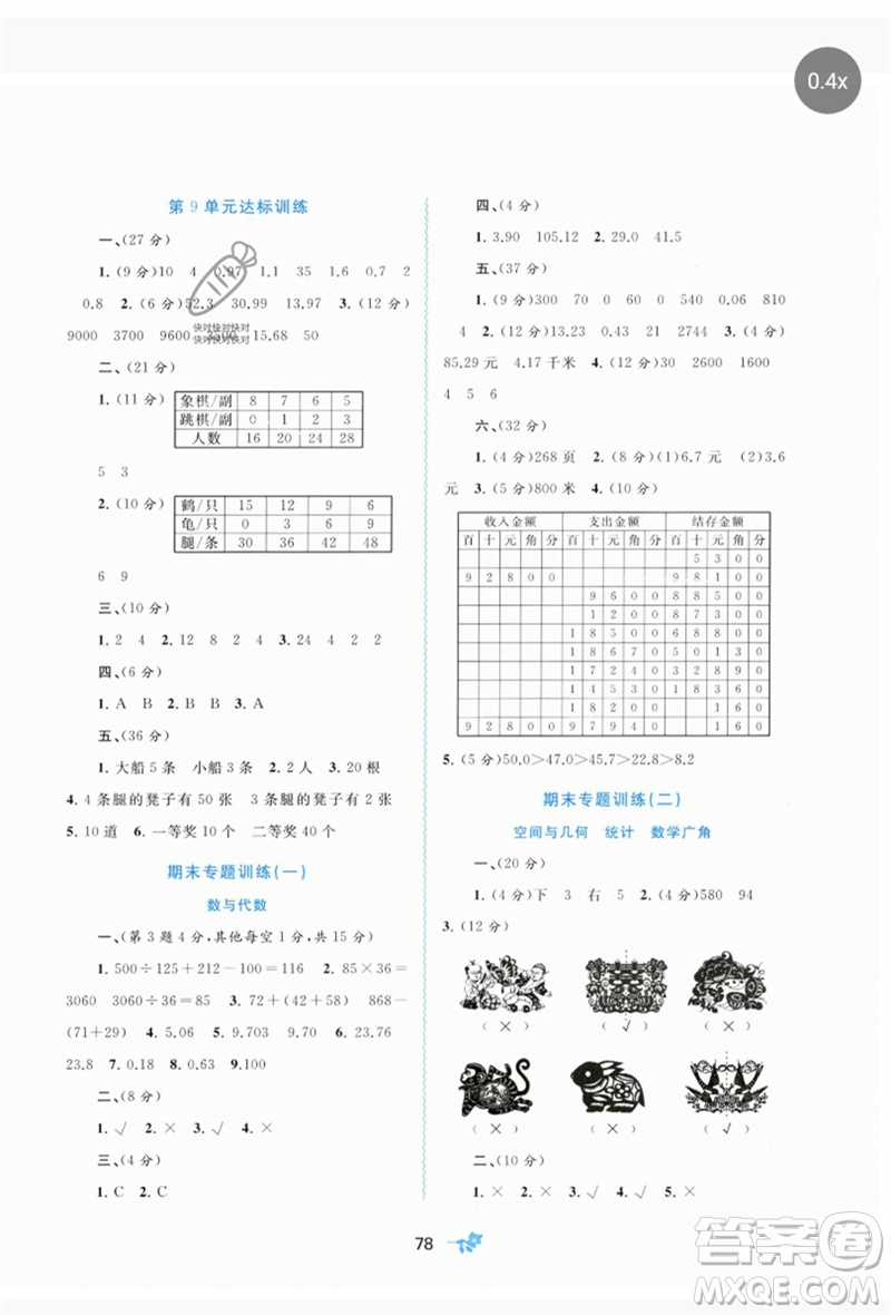 廣西師范大學(xué)出版社2023新課程學(xué)習(xí)與測評單元雙測四年級數(shù)學(xué)下冊人教版A版參考答案