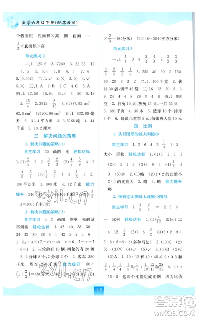 廣西教育出版社2023自主學(xué)習(xí)能力測(cè)評(píng)六年級(jí)數(shù)學(xué)下冊(cè)蘇教版參考答案