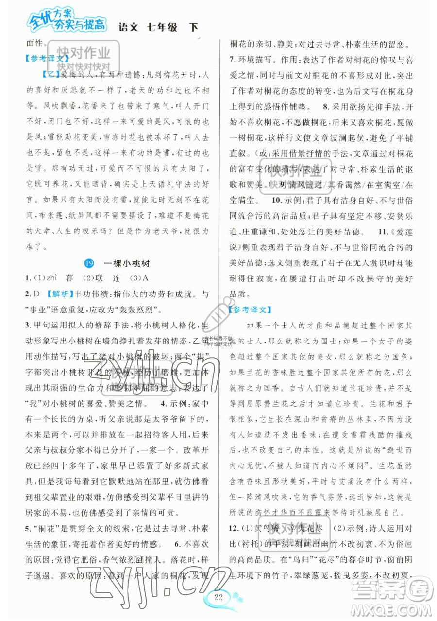 華東師范大學(xué)出版社2023全優(yōu)方案夯實(shí)與提高七年級(jí)下冊(cè)語文人教版參考答案