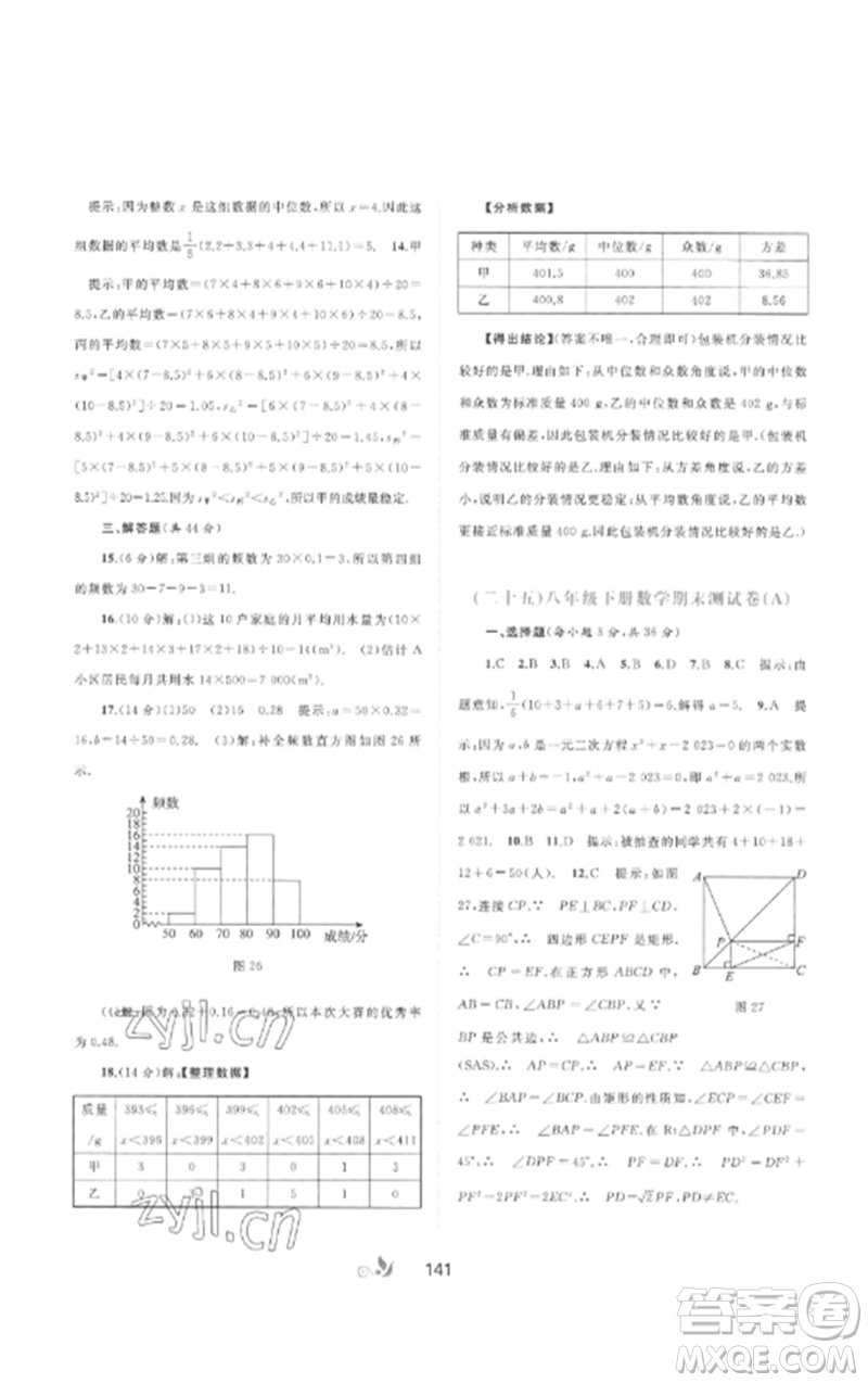 廣西師范大學(xué)出版社2023新課程學(xué)習(xí)與測(cè)評(píng)單元雙測(cè)八年級(jí)數(shù)學(xué)下冊(cè)滬科版C版參考答案