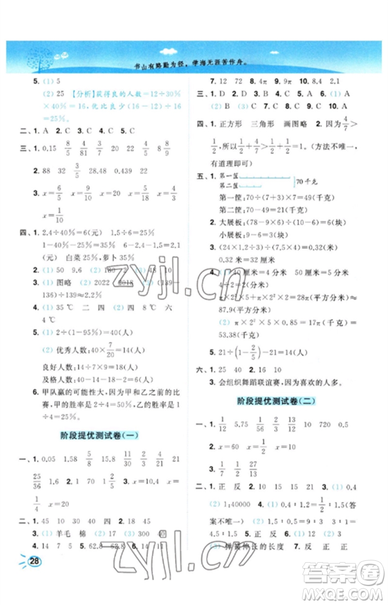 東南大學(xué)出版社2023小題狂做培優(yōu)作業(yè)本六年級數(shù)學(xué)下冊蘇教版參考答案