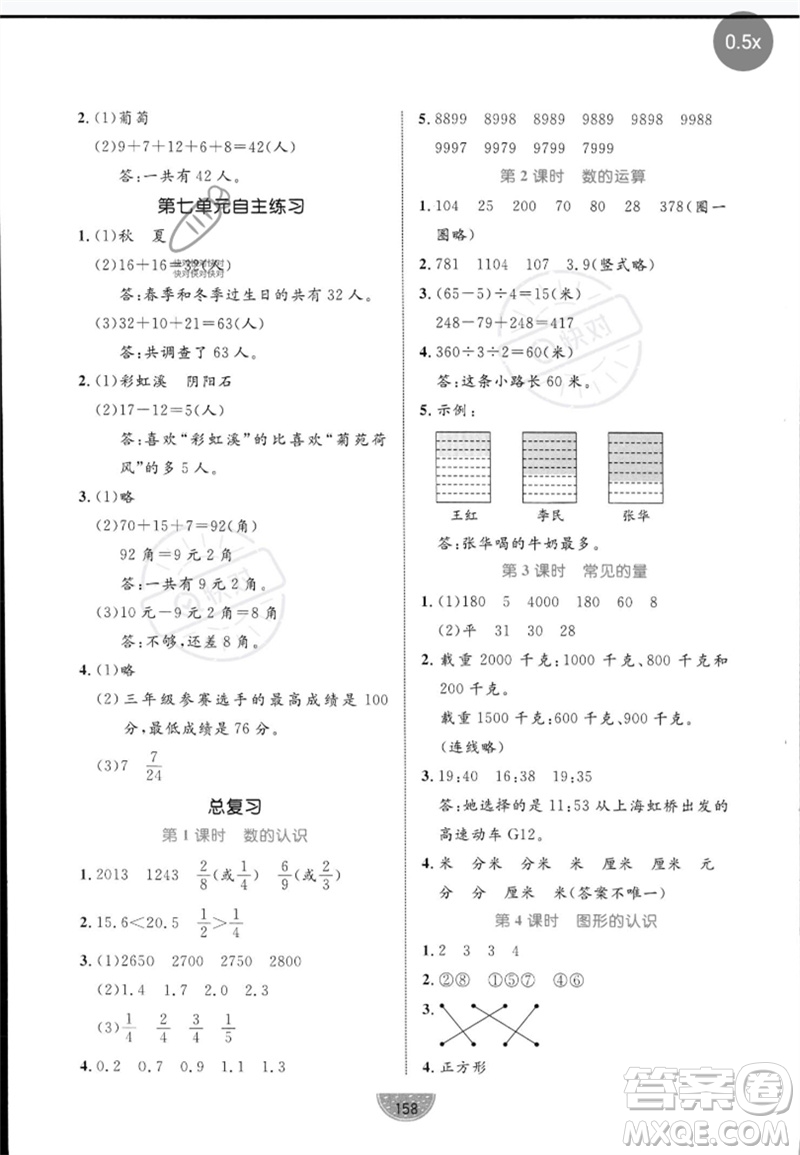 北方婦女兒童出版社2023黃岡名師天天練三年級數(shù)學下冊北師大版參考答案