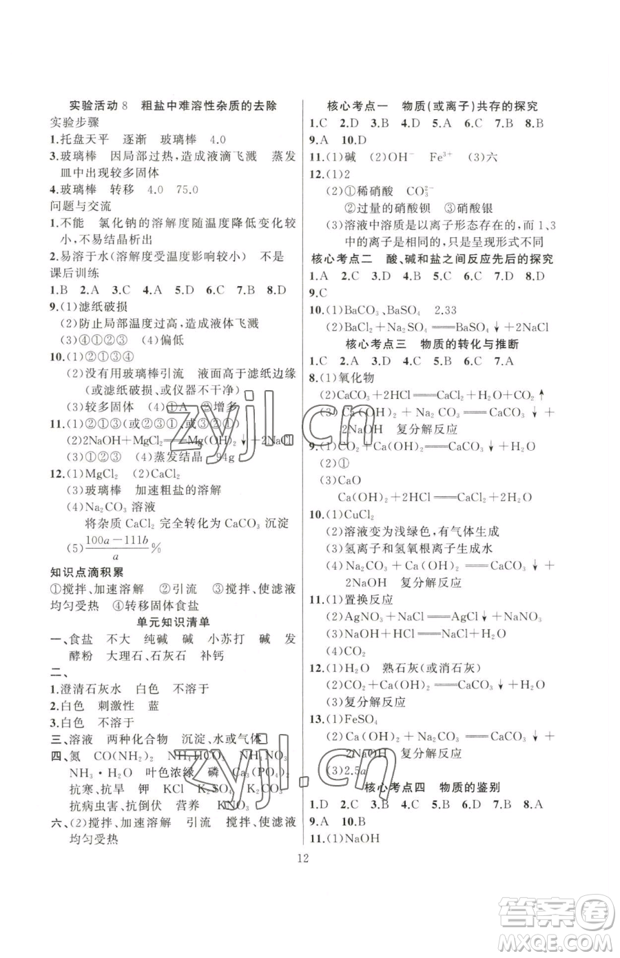 延邊大學(xué)出版社2023高手點題九年級下冊化學(xué)人教版參考答案