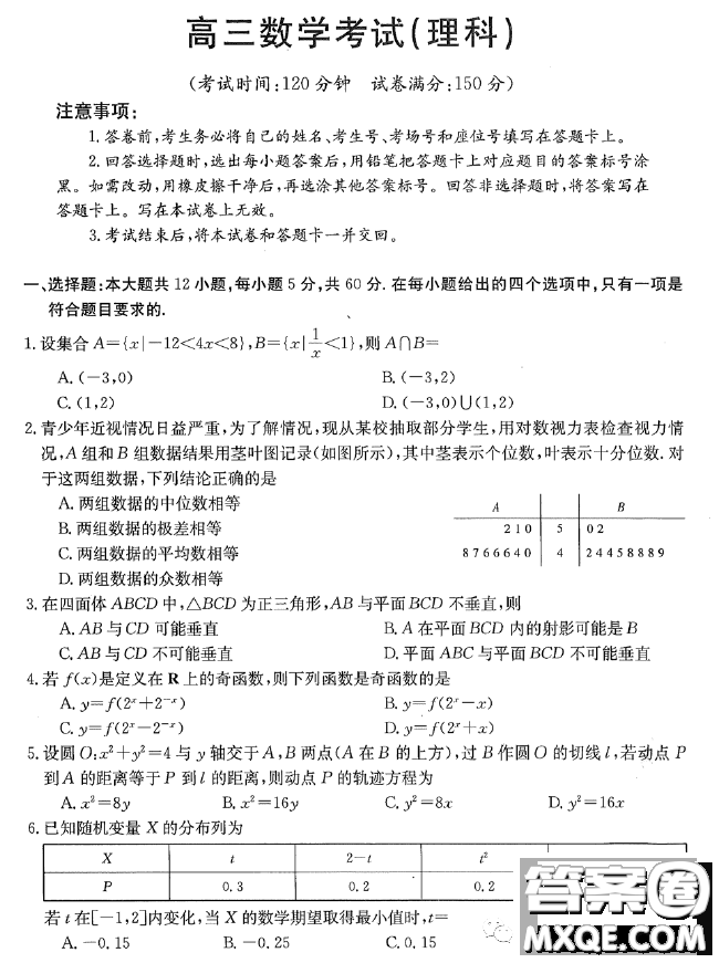 2023江西高三3月大聯(lián)考理科數(shù)學(xué)試題答案