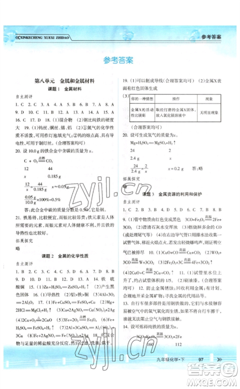 南方出版社2023新課程學(xué)習(xí)指導(dǎo)九年級化學(xué)下冊人教版參考答案