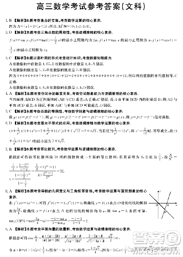 2023江西高三3月大聯(lián)考文科數(shù)學(xué)試題答案