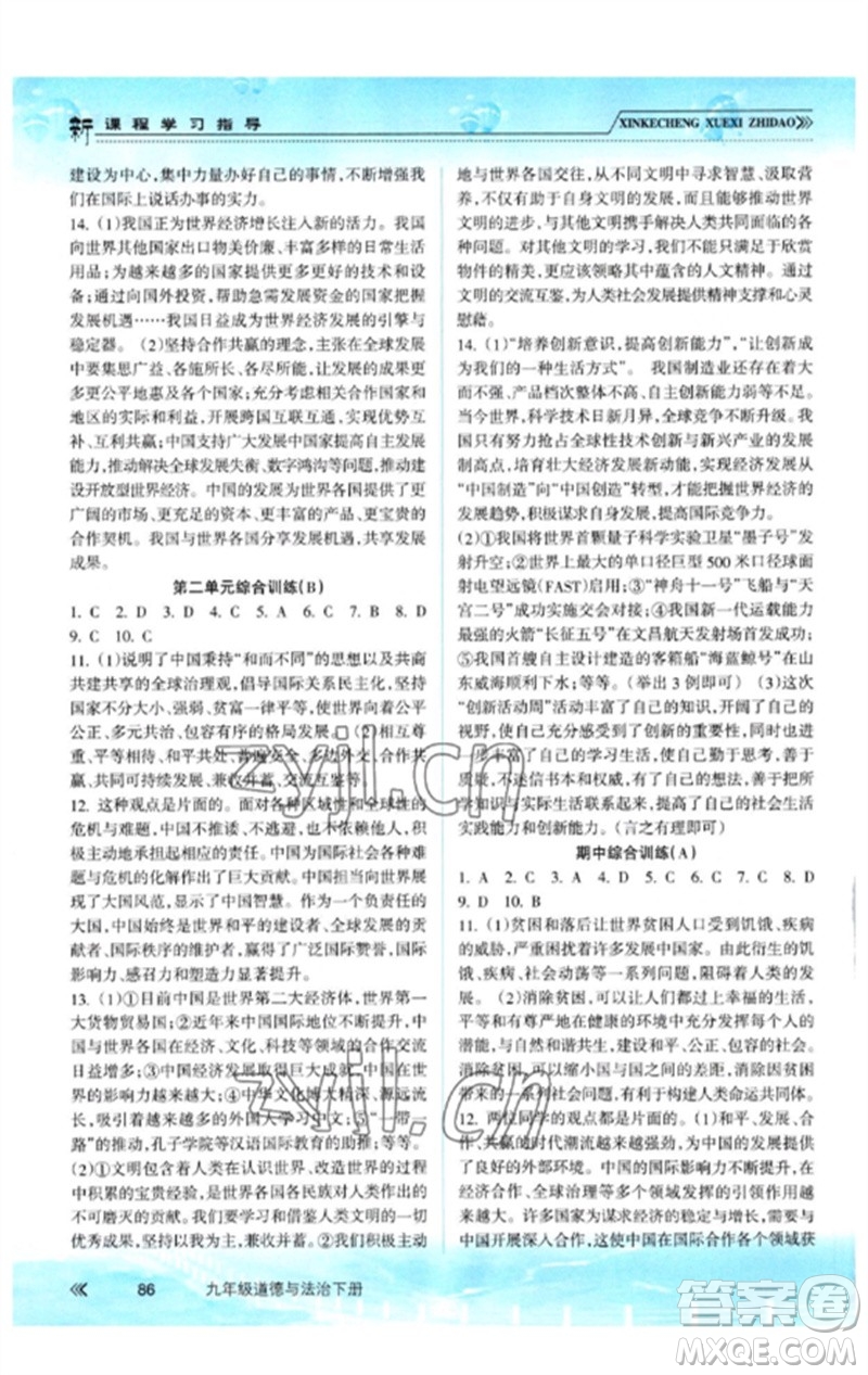 南方出版社2023新課程學(xué)習(xí)指導(dǎo)九年級道德與法治下冊人教版參考答案