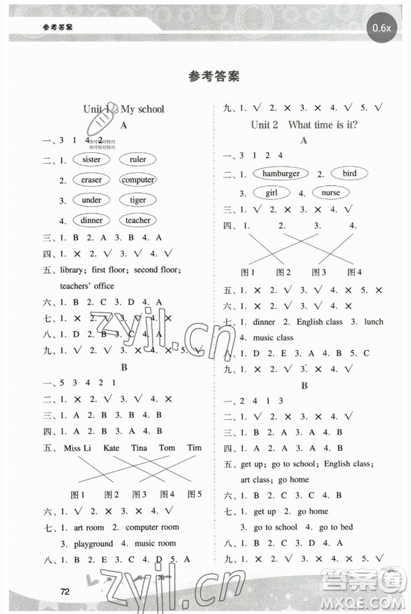 廣西師范大學(xué)出版社2023新課程學(xué)習(xí)輔導(dǎo)四年級英語下冊人教版中山專版參考答案