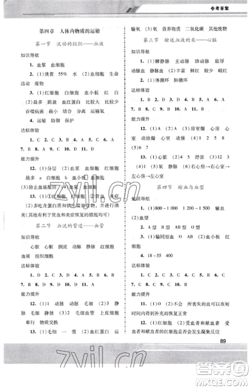 廣西師范大學(xué)出版社2023新課程學(xué)習(xí)輔導(dǎo)七年級(jí)生物下冊(cè)人教版中山專版參考答案