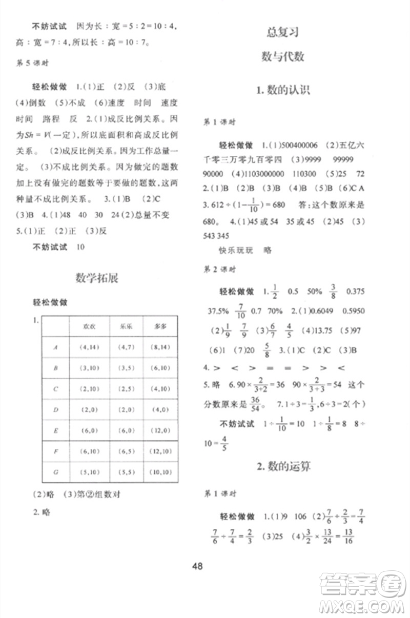 陜西人民教育出版社2023新課程學(xué)習(xí)與評價六年級數(shù)學(xué)下冊北師大版參考答案