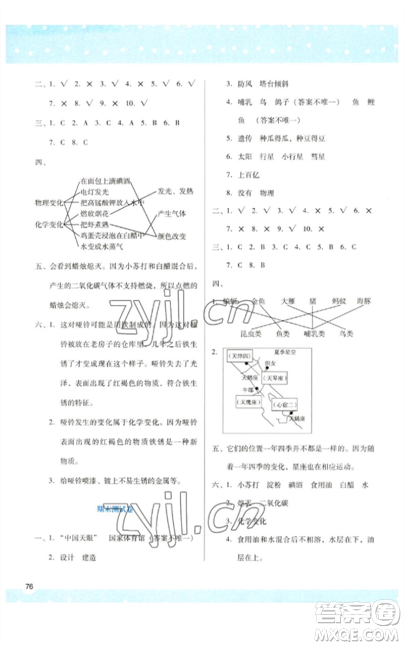 陜西人民教育出版社2023新課程學習與評價六年級科學下冊科教版參考答案