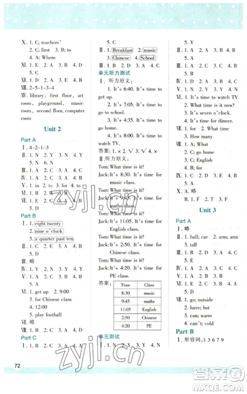 陜西人民教育出版社2023新課程學習與評價四年級英語下冊人教版參考答案