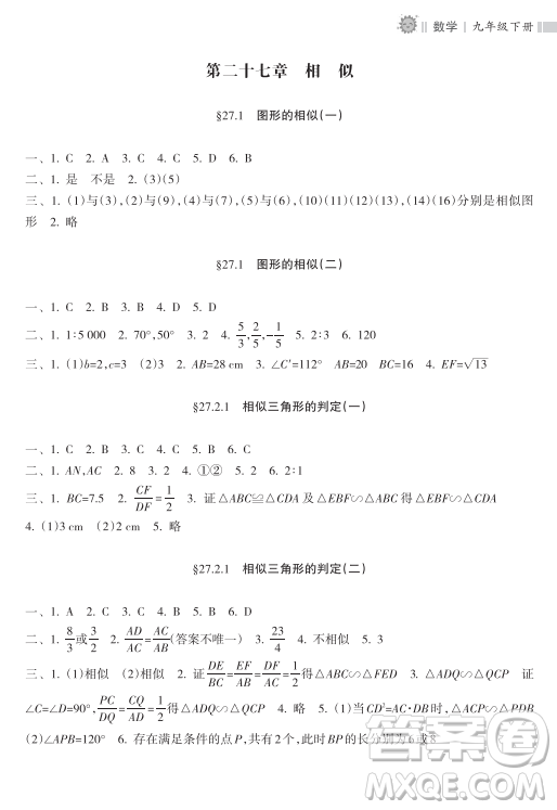 海南出版社2023新課程課堂同步練習(xí)冊九年級下冊數(shù)學(xué)人教版參考答案