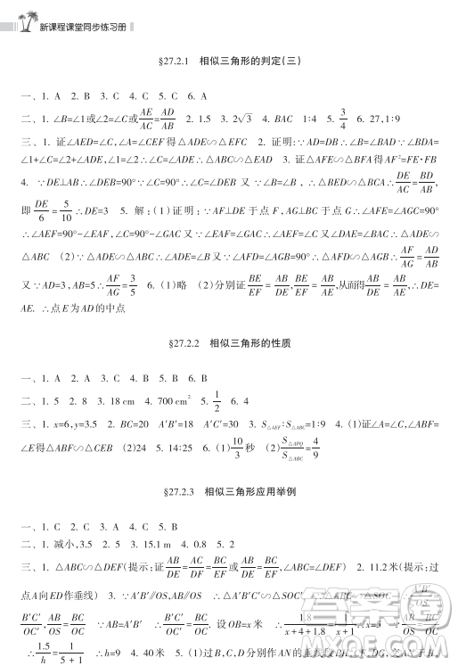 海南出版社2023新課程課堂同步練習(xí)冊九年級下冊數(shù)學(xué)人教版參考答案