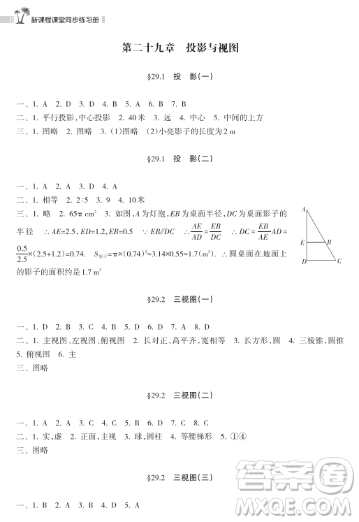 海南出版社2023新課程課堂同步練習(xí)冊九年級下冊數(shù)學(xué)人教版參考答案