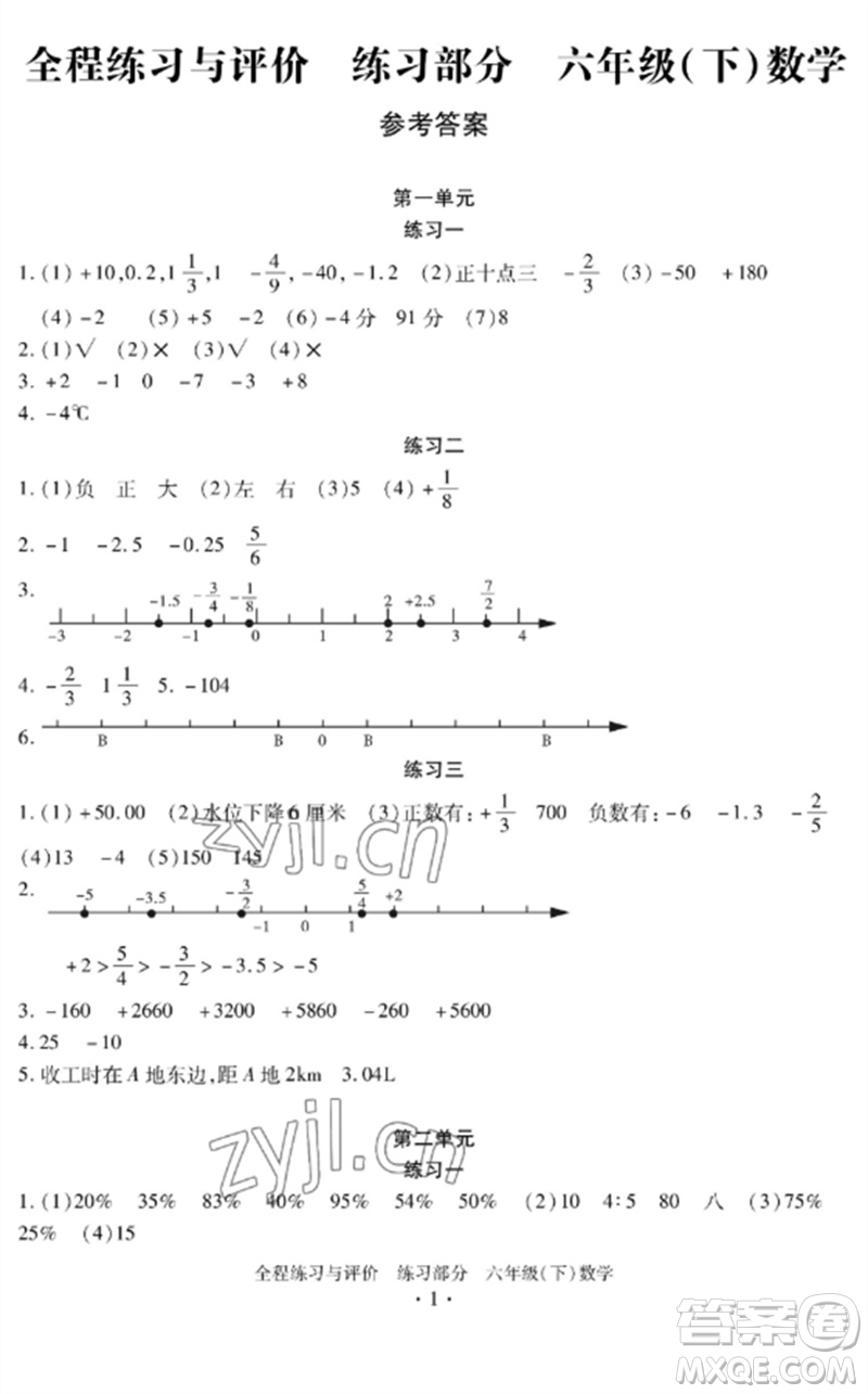 浙江人民出版社2023全程練習(xí)與評價六年級數(shù)學(xué)下冊人教版參考答案