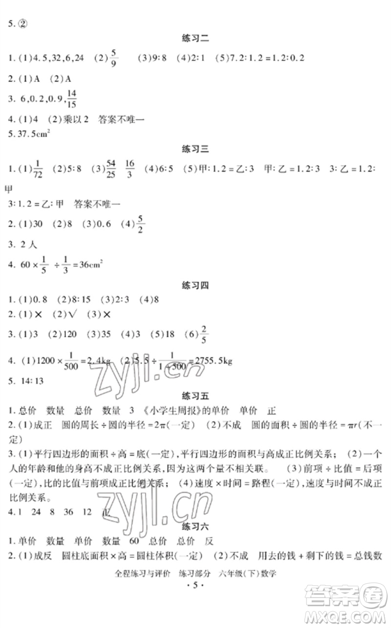 浙江人民出版社2023全程練習(xí)與評價六年級數(shù)學(xué)下冊人教版參考答案