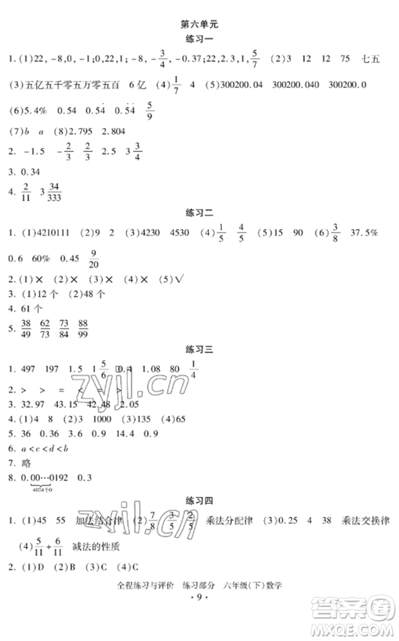 浙江人民出版社2023全程練習(xí)與評價六年級數(shù)學(xué)下冊人教版參考答案