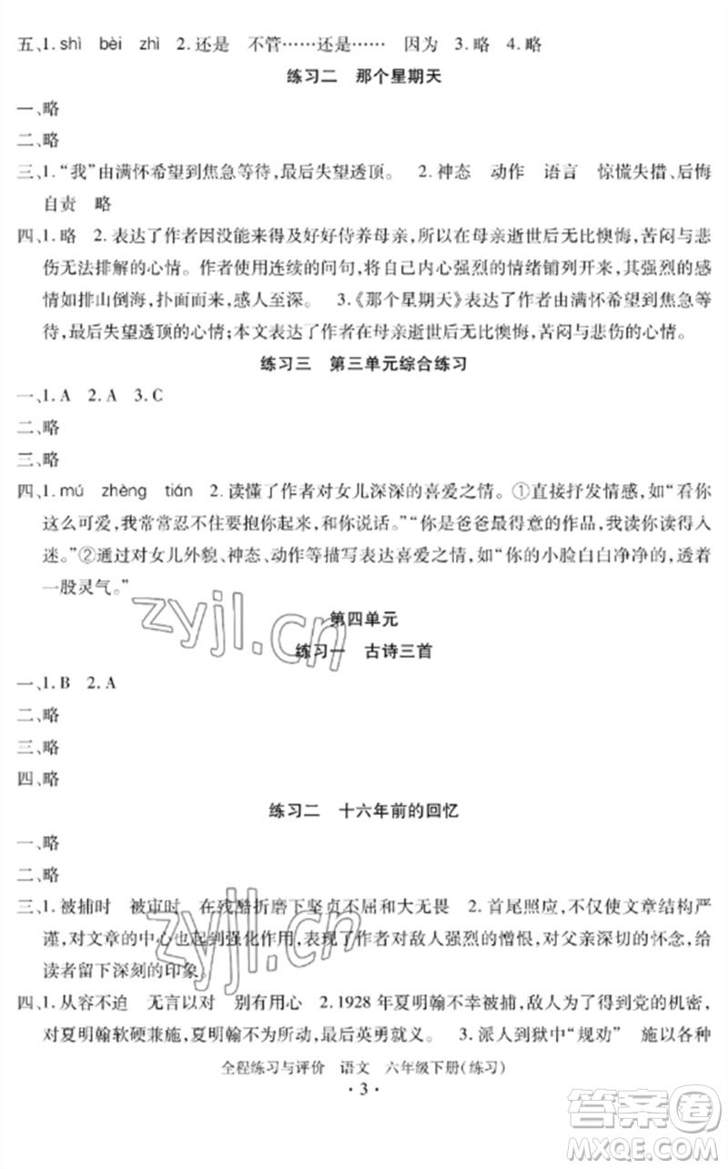 浙江人民出版社2023全程練習(xí)與評價六年級語文下冊人教版參考答案