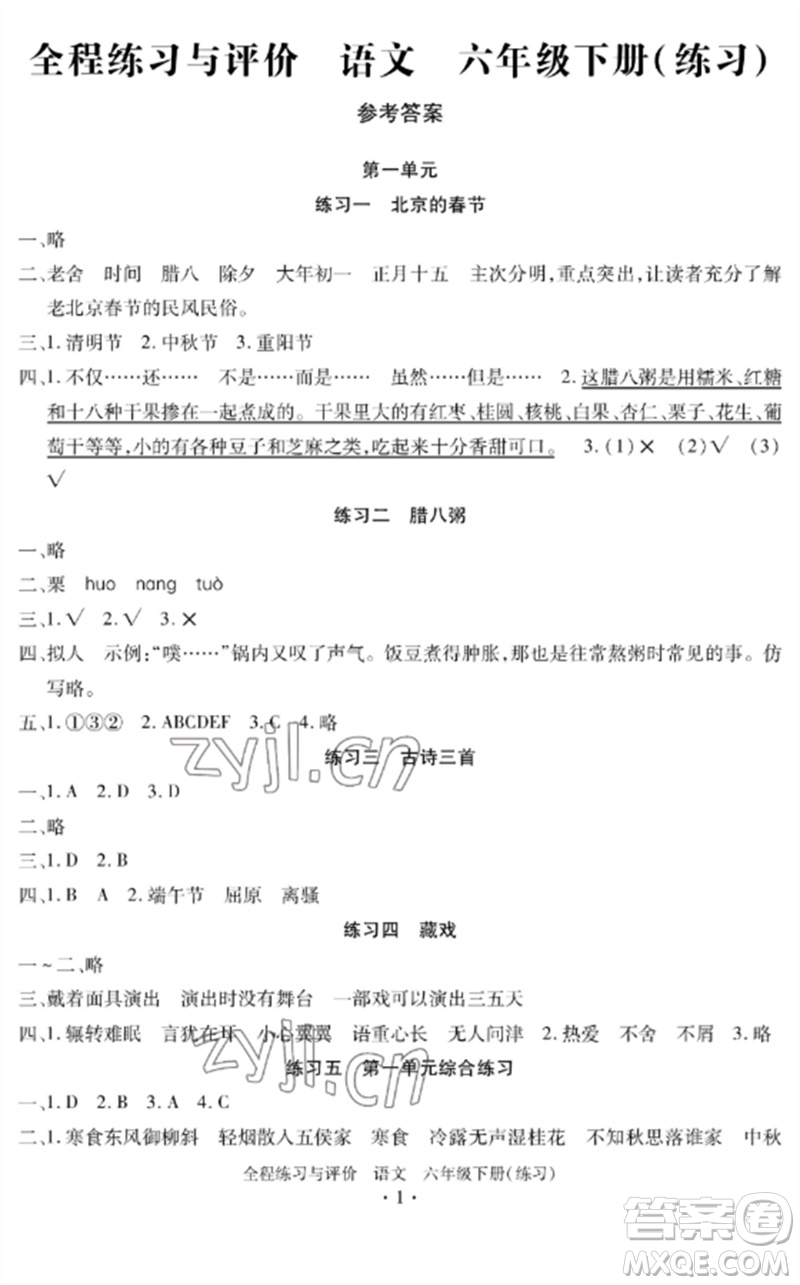 浙江人民出版社2023全程練習(xí)與評價六年級語文下冊人教版參考答案