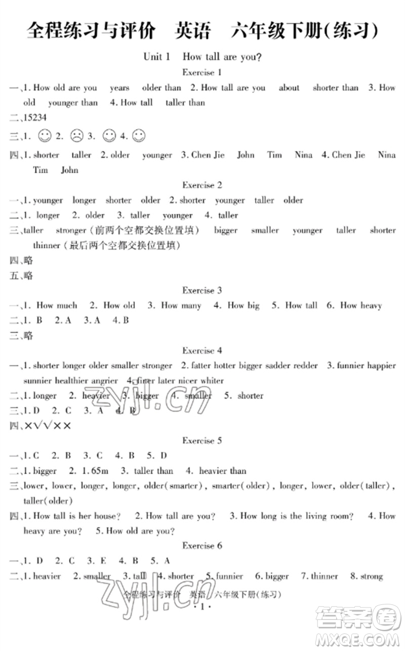 浙江人民出版社2023全程練習(xí)與評(píng)價(jià)六年級(jí)英語下冊(cè)人教版參考答案