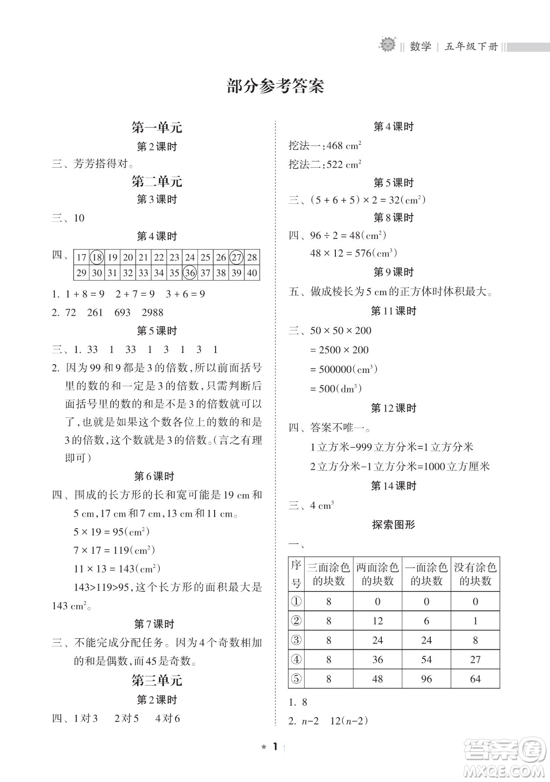 海南出版社2023新課程課堂同步練習(xí)冊(cè)五年級(jí)下冊(cè)數(shù)學(xué)人教版參考答案