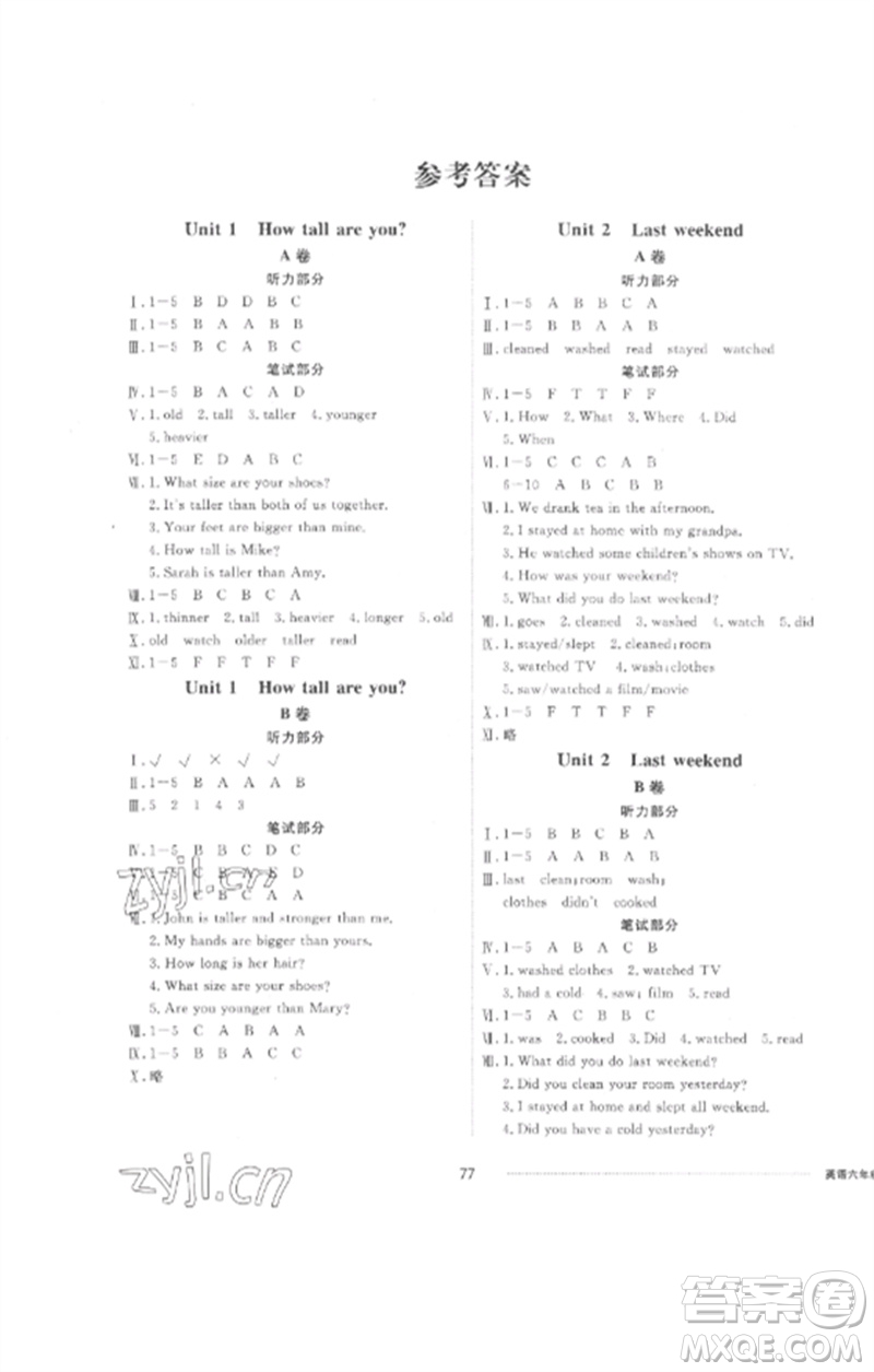 山東科學(xué)技術(shù)出版社2023同步練習(xí)冊配套單元自測卷六年級英語下冊人教版參考答案