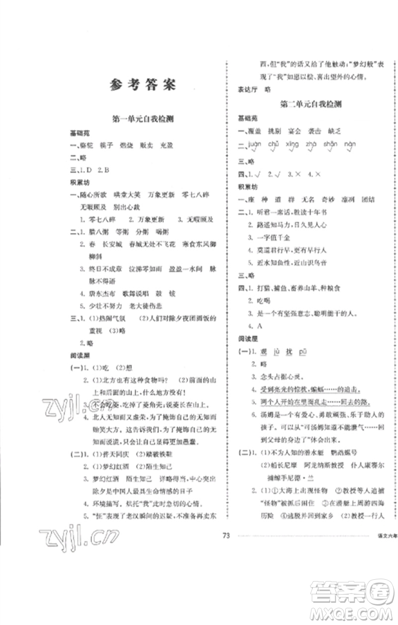 山東科學(xué)技術(shù)出版社2023同步練習(xí)冊配套單元自測卷六年級語文下冊人教版參考答案