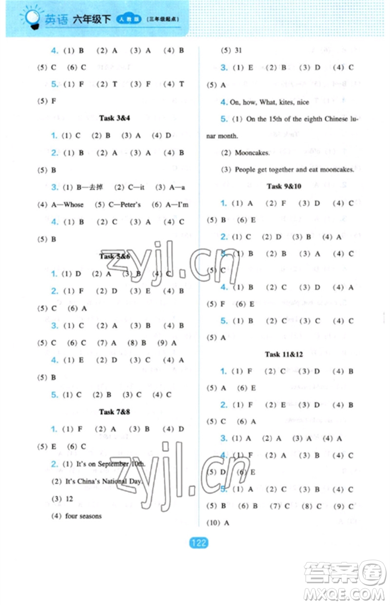 遼海出版社2023新課程能力培養(yǎng)六年級英語下冊三起點人教版參考答案