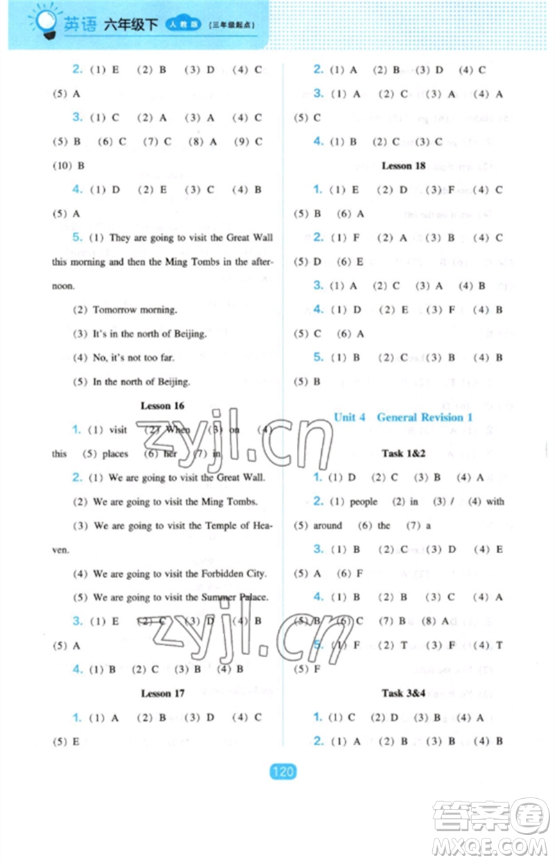 遼海出版社2023新課程能力培養(yǎng)六年級英語下冊三起點人教版參考答案