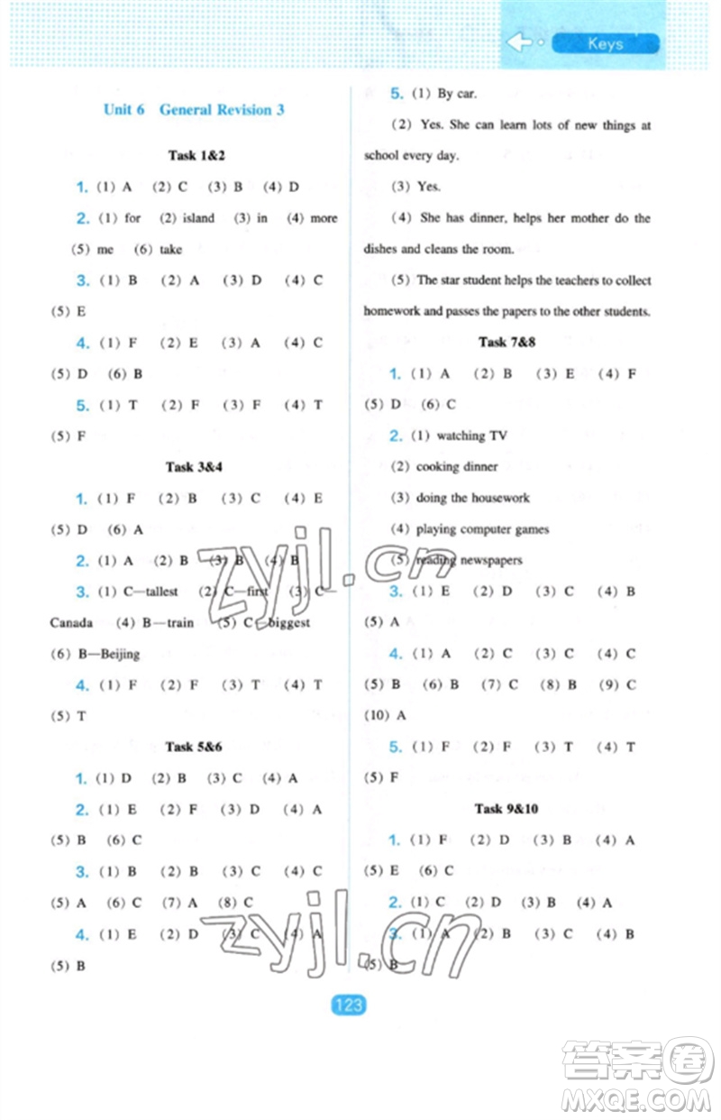 遼海出版社2023新課程能力培養(yǎng)六年級英語下冊三起點人教版參考答案