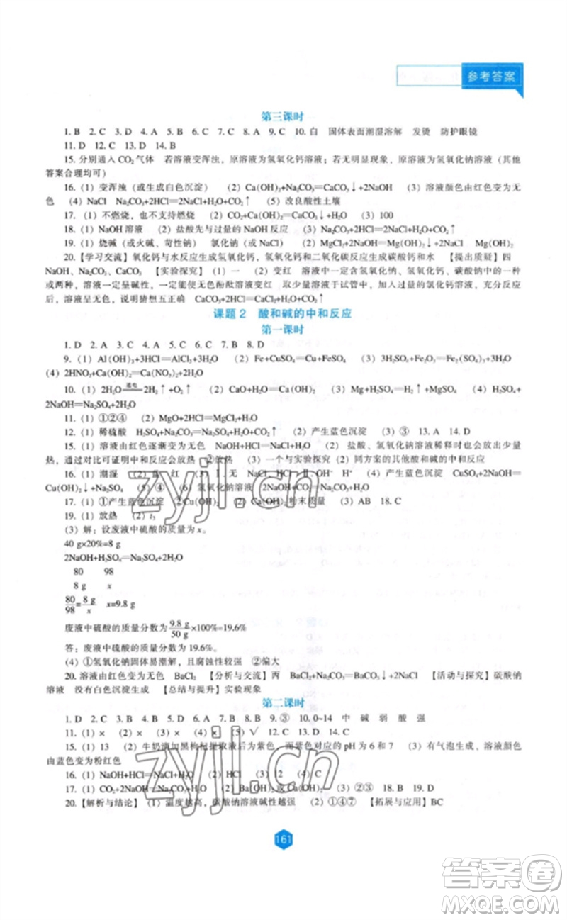 遼海出版社2023新課程化學能力培養(yǎng)九年級下冊人教版參考答案