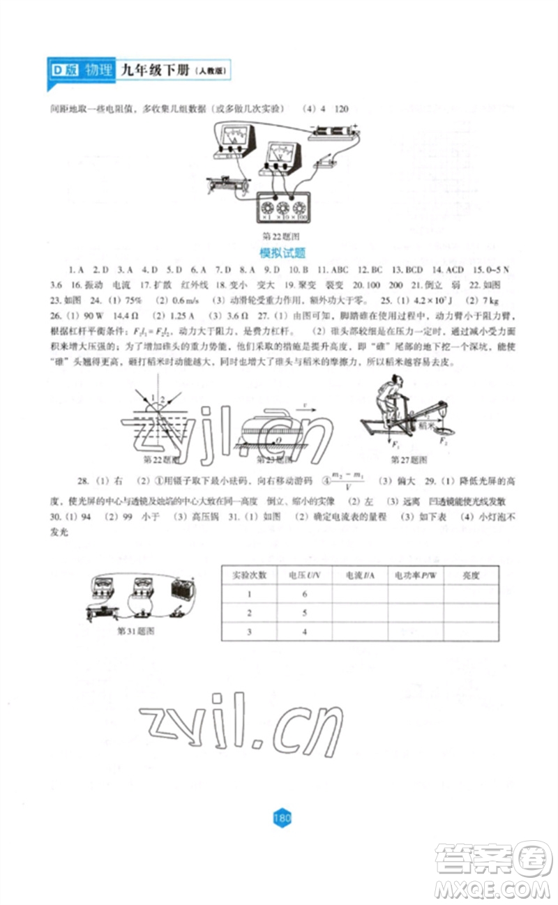 遼海出版社2023新課程物理能力培養(yǎng)九年級下冊人教版D版大連專用參考答案