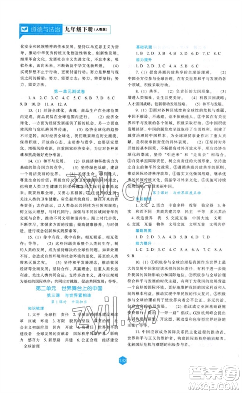 遼海出版社2023新課程道德與法治能力培養(yǎng)九年級下冊人教版參考答案