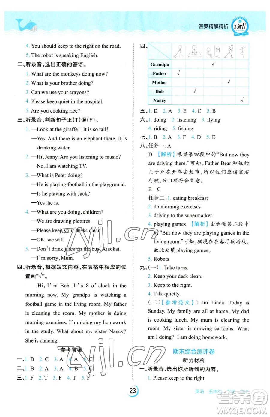 江西人民出版社2023王朝霞德才兼?zhèn)渥鳂I(yè)創(chuàng)新設(shè)計(jì)五年級(jí)下冊(cè)英語(yǔ)人教PEP版參考答案