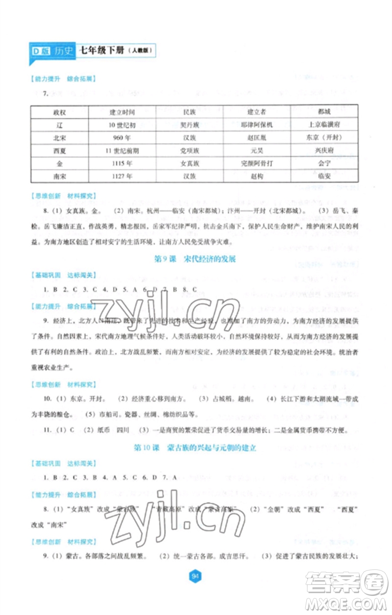 遼海出版社2023新課程歷史能力培養(yǎng)七年級(jí)下冊(cè)人教版D版大連專用參考答案