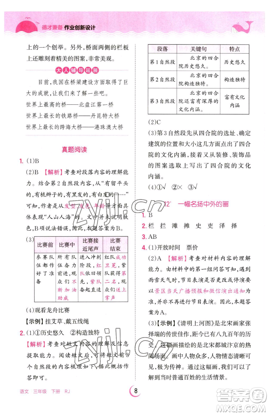 江西人民出版社2023王朝霞德才兼?zhèn)渥鳂I(yè)創(chuàng)新設(shè)計三年級下冊語文人教版參考答案